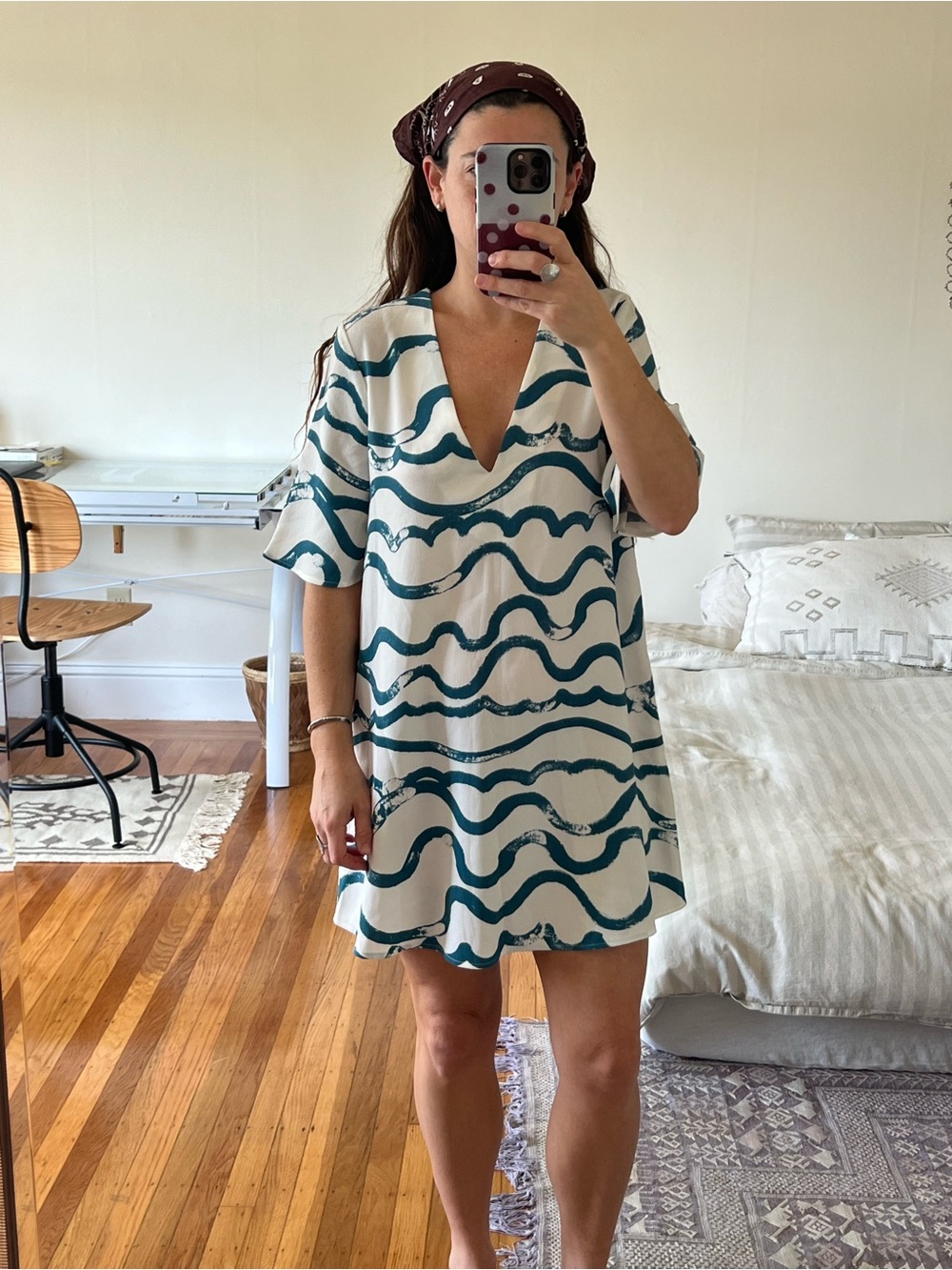 Nwot 2010s American Apparel Size S White + Blue Dress With Abstract Wave Print